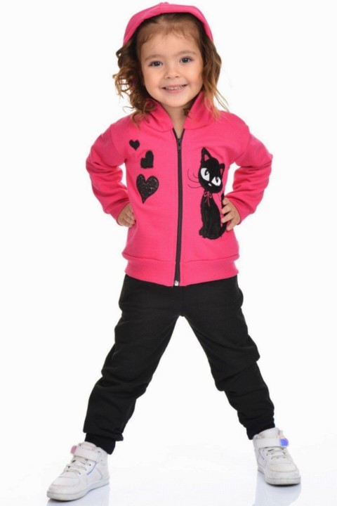 Girl's Heart & Kitty Hooded Pink Tracksuit Set 100326983