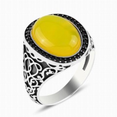 Agate Stone Rings - Ottoman Patterned Silver Ring With Yellow Agate Stone 100347831 - Turkey
