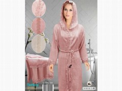 Set Robe - Cotton Hooded Lacy Ladies Bathrobe Set 100332340 - Turkey