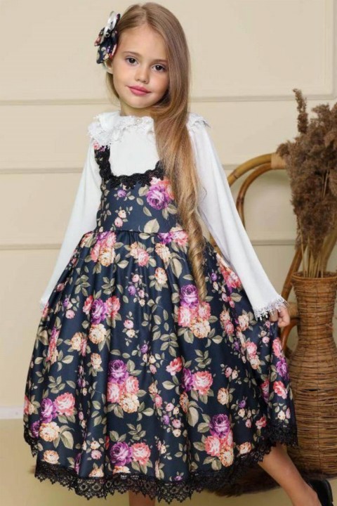 Outwear - Girls' Black Dress With Lace Embroidered Floral Print and Shirt Collar Shirt 100327420 - Turkey