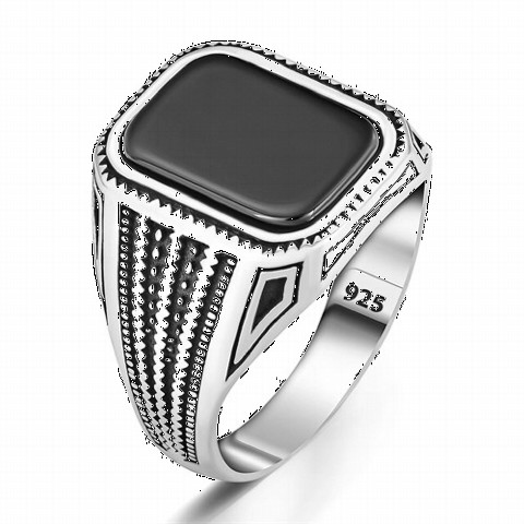 Black Onyx Stone Side Patterned Silver Ring 100350353