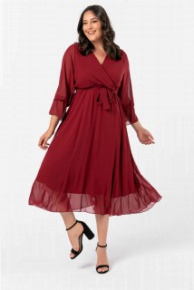Short evening dress - Plus Size Double Breasted Collar Sleeved Chiffon Dress Claret Red 100276140 - Turkey
