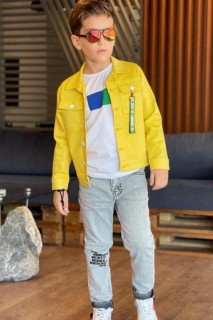 Boy Clothing - Boy's Merci Pocket Mascot Detailed Denim Jacket and Trousers 3-pack Yellow Bottom Top Suit 100327402 - Turkey