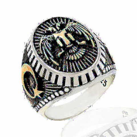 Animal Rings - Double Headed Eagle Model Moon and Star Patterned Silver Men's Ring 100348611 - Turkey