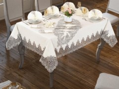 Table Cover Set - طقم مفرش طاولة 18 قطعة من ليزا لون كريمي فضي 100330140 - Turkey