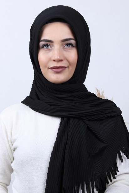 Woman Hijab & Scarf - Pleated Hijab Shawl Black 100282917 - Turkey