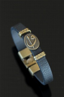 Bracelet - Tumbled Metal Elif Vav Navy Blue Leather Men's Bracelet 100327884 - Turkey
