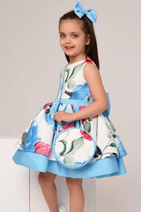 Girl's Waist Banded Back Bow, Bag and Buckle Gift, Floral Printed Blue Dress 100327367