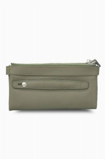 Khaki Green Double Zippered Leather Women's Wallet with Phone Compartment 100346221