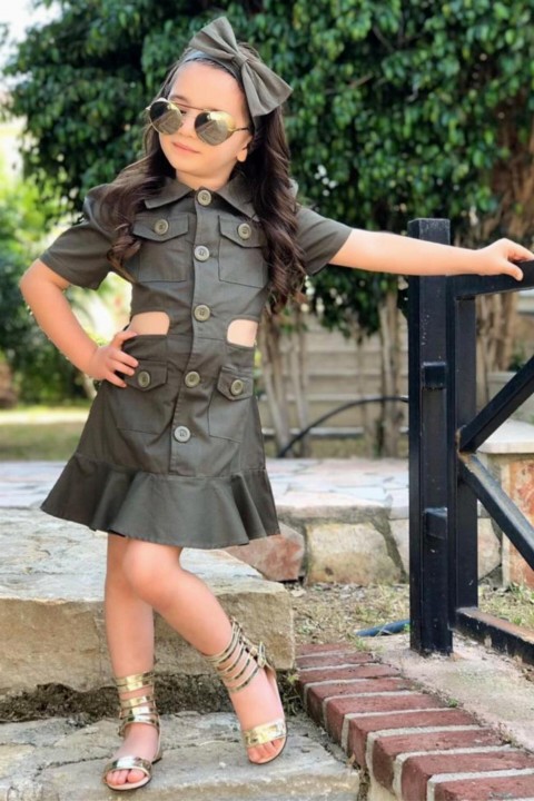 Girl's Waist Open Side-Front Buttoned and Frilly Hem Bandana Khaki Dress 100327413