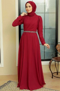 Claret Red Hijab Evening Dress 100341713