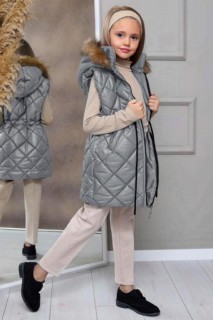 Girl's Rope Detailed Hooded Wool Inflatable Vest Gray Bottom Top Set 100344690