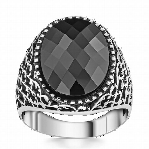 Men - Flower Motif Black Zircon Stone Silver Ring 100350387 - Turkey