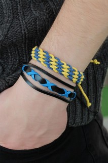 Others - Yellow Navy Blue Colored Leather Men's Bracelet Combination 100318549 - Turkey