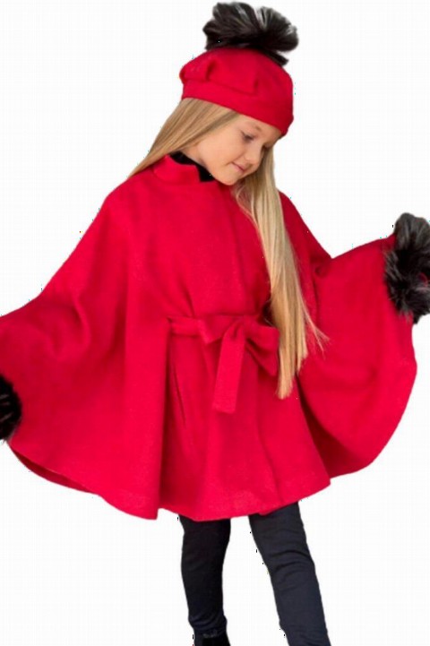 Coat, Trench Coat - Girl's Cachet Poncho 5 Pieces Red Poncho With Leather Leggings 100330976 - Turkey