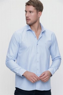 Top Wear - قميص كومو أزرق للرجال ذو قصة ضيقة وياقة صلبة من قماش الجاكار بأكمام طويلة 100351317 - Turkey