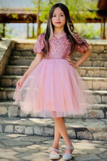 Evening Dress - فستان سهرة بناتي بفتحة رقبة على شكل ومفصل وشفاف تول بولباييت وردي 100328584 - Turkey