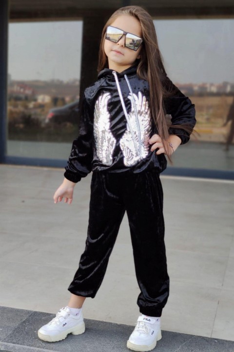 Tracksuits, Sweatshirts - Girl's Winged Velvet Black Tracksuit Suit 100328656 - Turkey