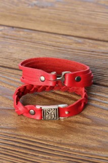 Others - Patterned Metal Accessory Red Leather Men's Bracelet Combination 100318709 - Turkey