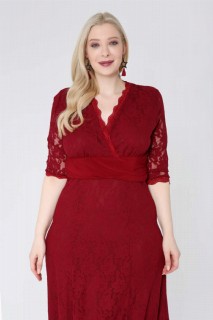 Evening Dress - Plus Size Full Guipure Evening Dress Claret Red 100275963 - Turkey