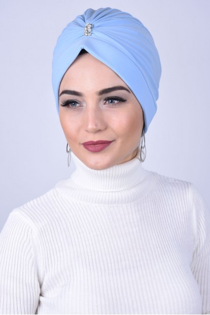 Woman Bonnet & Turban - مرصعة بالجواهر من الوسط باللون الأزرق الفاتح - Turkey