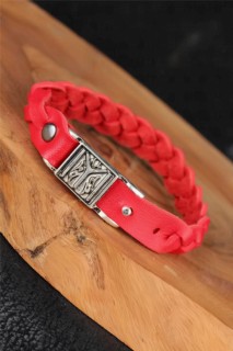 Men - Red Color Knitted Model KayÄ± Length Accessory Leather Men's Bracelet 100318842 - Turkey