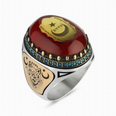Amber Stone Gokturk Turkish Wolf Motif Sterling Silver Men's Ring 100348238