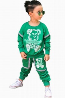 Boy Clothing - Boy's Teddy Bear Printed Stripe Detailed Crew Neck Green Tracksuit Suit 100344696 - Turkey