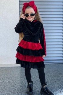 Girl's Hooded Stripe Detailed Layered Red-Black Velvet Dress 100327160