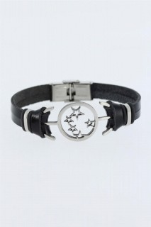 Men - Silver Color Star Figured Black Color Leather Men's Bracelet With Metal Accessories 100318638 - Turkey