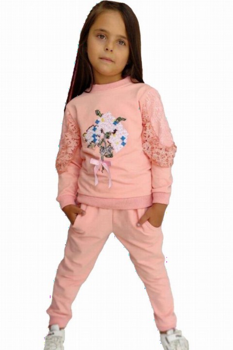Tracksuits, Sweatshirts - Girls' Pink Tracksuit With Sleeves And Floral Lace Embroidered Pink Tracksuit 100328169 - Turkey