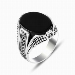 Black Onyx Stone Knitted Arm Patterned Silver Ring 100347899