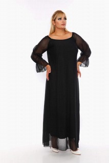 Plus Size Sleeve Tulle Full Polka Dot Detailed Long Evening Dress Black 100276328