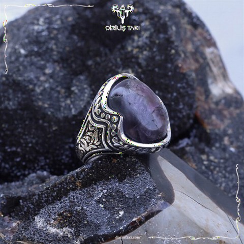 Natural Agate Stone Silver Men's Ring 100349241