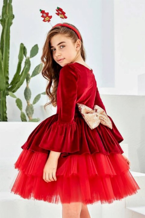 Girl's Spanish Sleeve Katkat Tulle Velvet Red Evening Dress 100327090