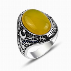 mix - Amber Stone Yellow Moon Star Motif Sterling Silver Men's Ring 100348050 - Turkey