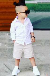 Boy's Front Buttoned Long Sleeve Shirt with Zipper Beige Shorts Suit 100328418
