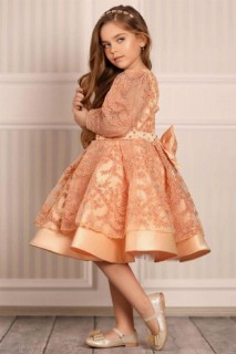 Kid's Salmon Evening Dress with Stone Embroidered Waistline and Cross Back Tie 100328104