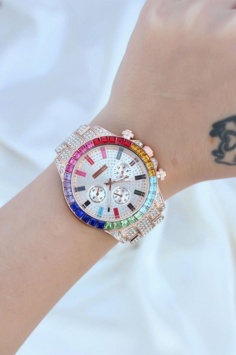 Trend Rose Metal Band Zircon Stone Plated Colorful Stone Case Design Luxury Women's Wristwatch 100326516
