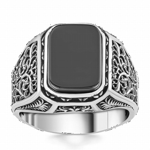Onyx Stone Rings - Ivy Motif Onyx Stone Silver Men's Ring 100350373 - Turkey