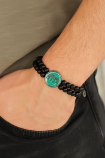 Others - Old Turkish Gokturk Letter Figured Green Metal Accessories Double Row Onyx Natural Stone Men's Bracelet 100318494 - Turkey