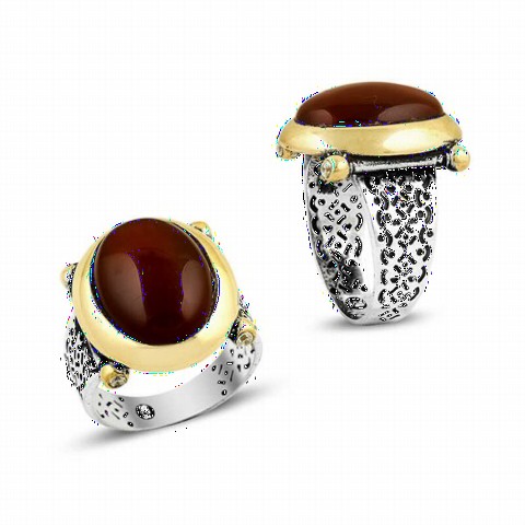 Agate Stone Rings - Oval Agate Stone Patterned Silver Men's Ring 100348931 - Turkey