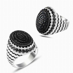 Zircon Stone Rings - Black Micro Stone Oval Silver Ring 100347847 - Turkey