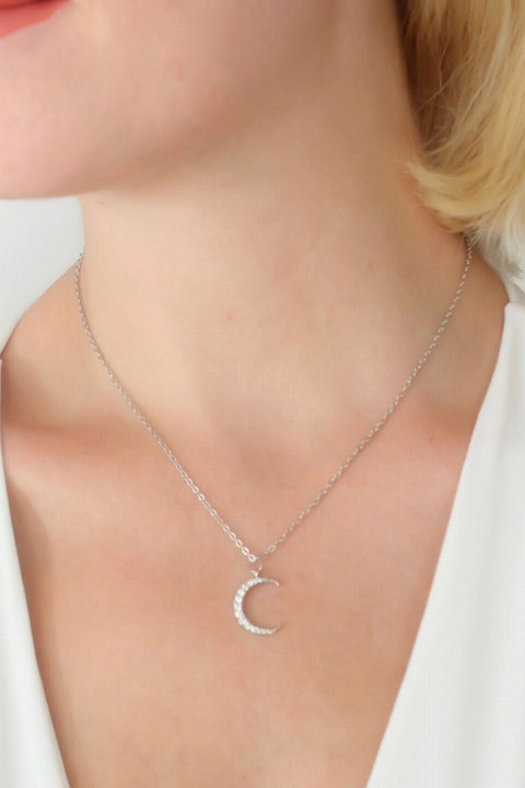 Silver Color Crescent Figure Zircon Stone Detail Women's Necklace 100328123