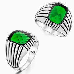 Zircon Stone Rings - Green Stone Edge Line Motif Sterling Silver Ring 100346391 - Turkey