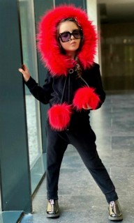 Girl Pofidik Pon Velvet Black-Red Tracksuit Suit 100326645