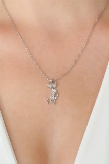 Necklaces - Silver Color Cat Figure Zircon Stone Detail Women's Necklace 100328129 - Turkey