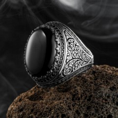 Onyx Stone Rings - Black Onyx Stone Pen Detailed Silver Ring 100346466 - Turkey