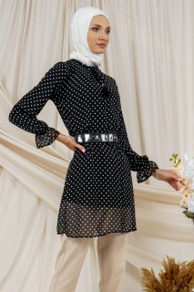 Clothes - Women's Polka Dot Patterned Belted Tunic 100326124 - Turkey