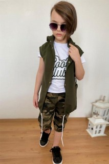 Boy Clothing - Boy's Back Chain Detailed Front Snap Button and Hooded Green-Camouflage Tracksuit 100327292 - Turkey
